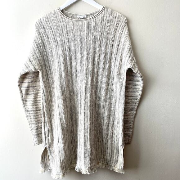 J. Jill Beige & Gray Crewneck Long Sleeve Tunic Sweater w Hem Fringes & Slits- M - Picture 1 of 12